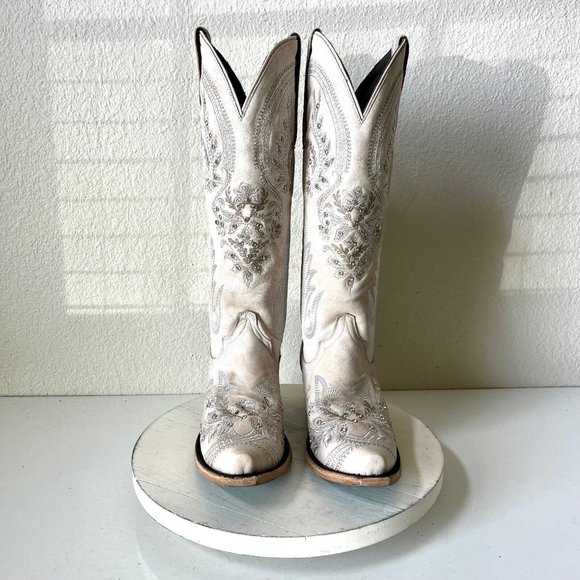 Lane Shoes - Lane Santorini Boots Womens Sz 7 Beige Rhinestones Embroidered Cowgirl Wedding